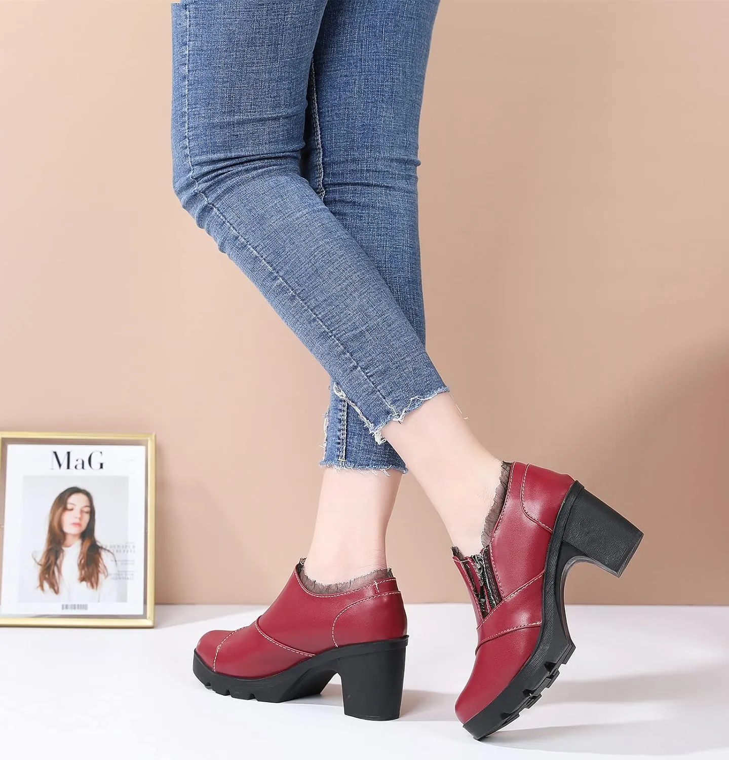 DADAWEN Women's Casual Zipper Lace Platform Mid-Heel Square Toe Oxfords Dress Shoes