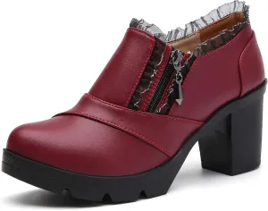 DADAWEN Women's Casual Zipper Lace Platform Mid-Heel Square Toe Oxfords Dress Shoes