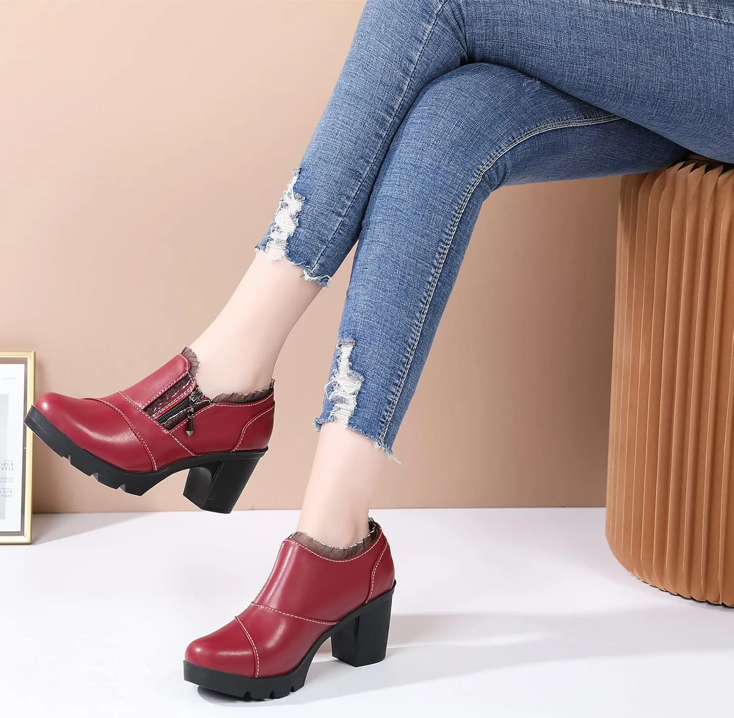DADAWEN Women's Casual Zipper Lace Platform Mid-Heel Square Toe Oxfords Dress Shoes