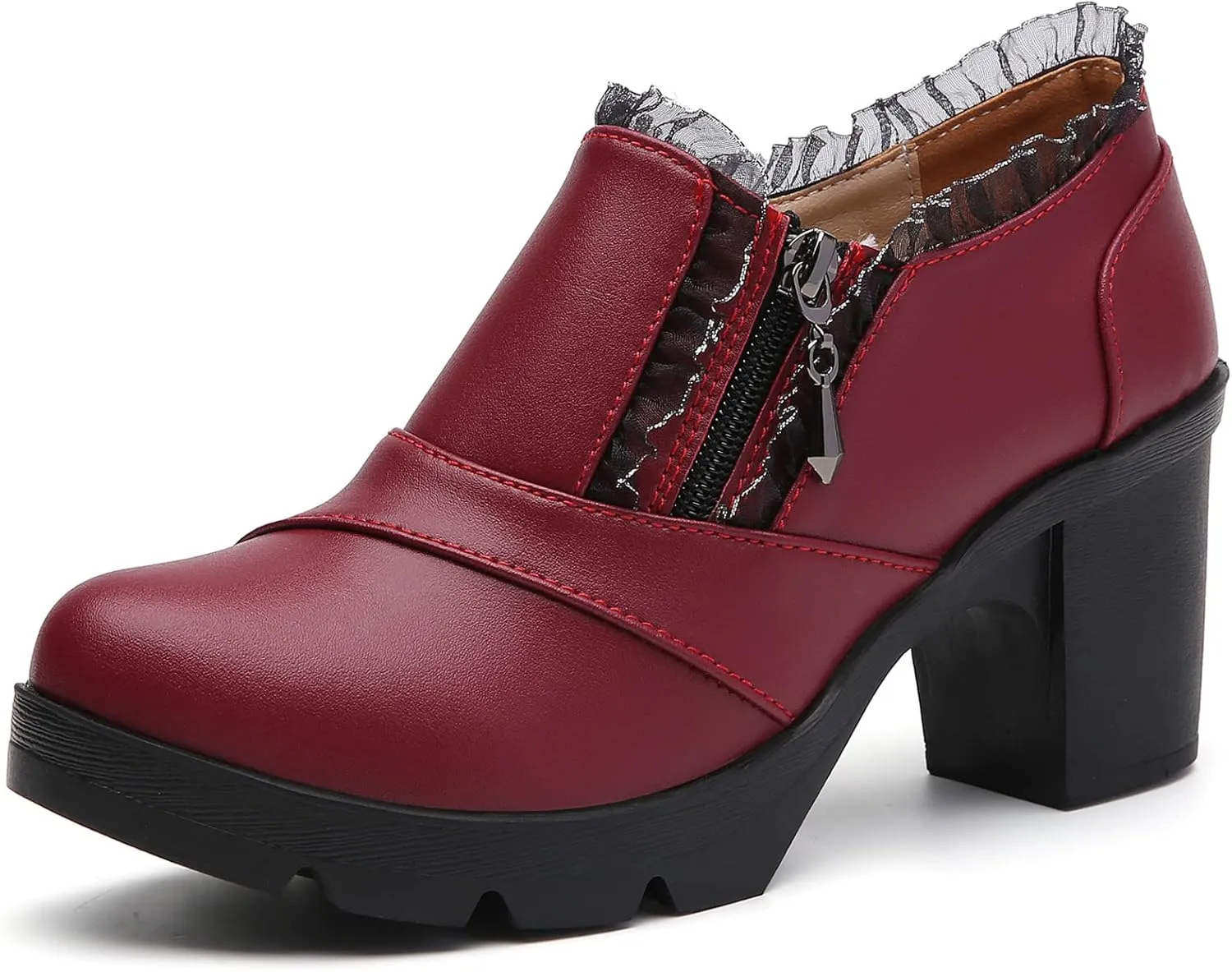 DADAWEN Women's Casual Zipper Lace Platform Mid-Heel Square Toe Oxfords Dress Shoes