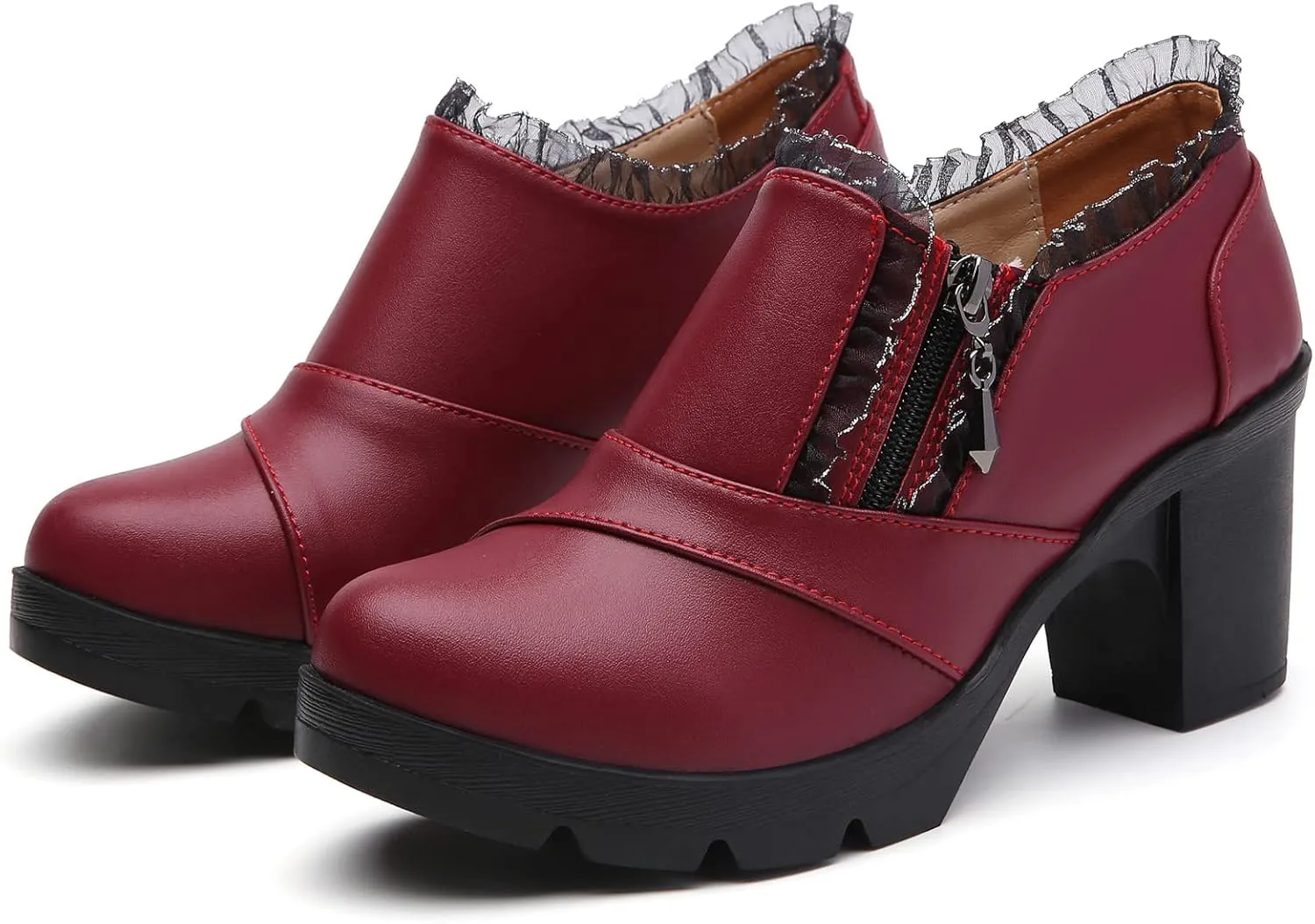 DADAWEN Women's Casual Zipper Lace Platform Mid-Heel Square Toe Oxfords Dress Shoes