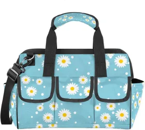 Daisy Blue Background Tool Bag Heavy Duty Tool Box Organizer with 14 Pockets Removable Adjustable Shoulder Strap Garden Home Tool Storage Bags for Men Women Mechanic Gifts,14.8"x9.1"x10"