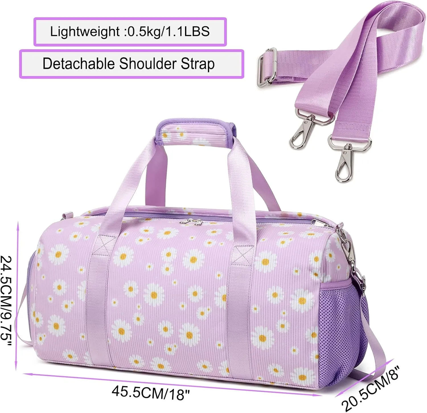 Dance Bag Ballet Bag for Girls Teen Travel Duffel Bags Sports Gym Bag Yoga Bags Cheer Bag Girls Weekender Bag Corduroy Daisy Dance Bag with Shoe Compartments（purple daisy）