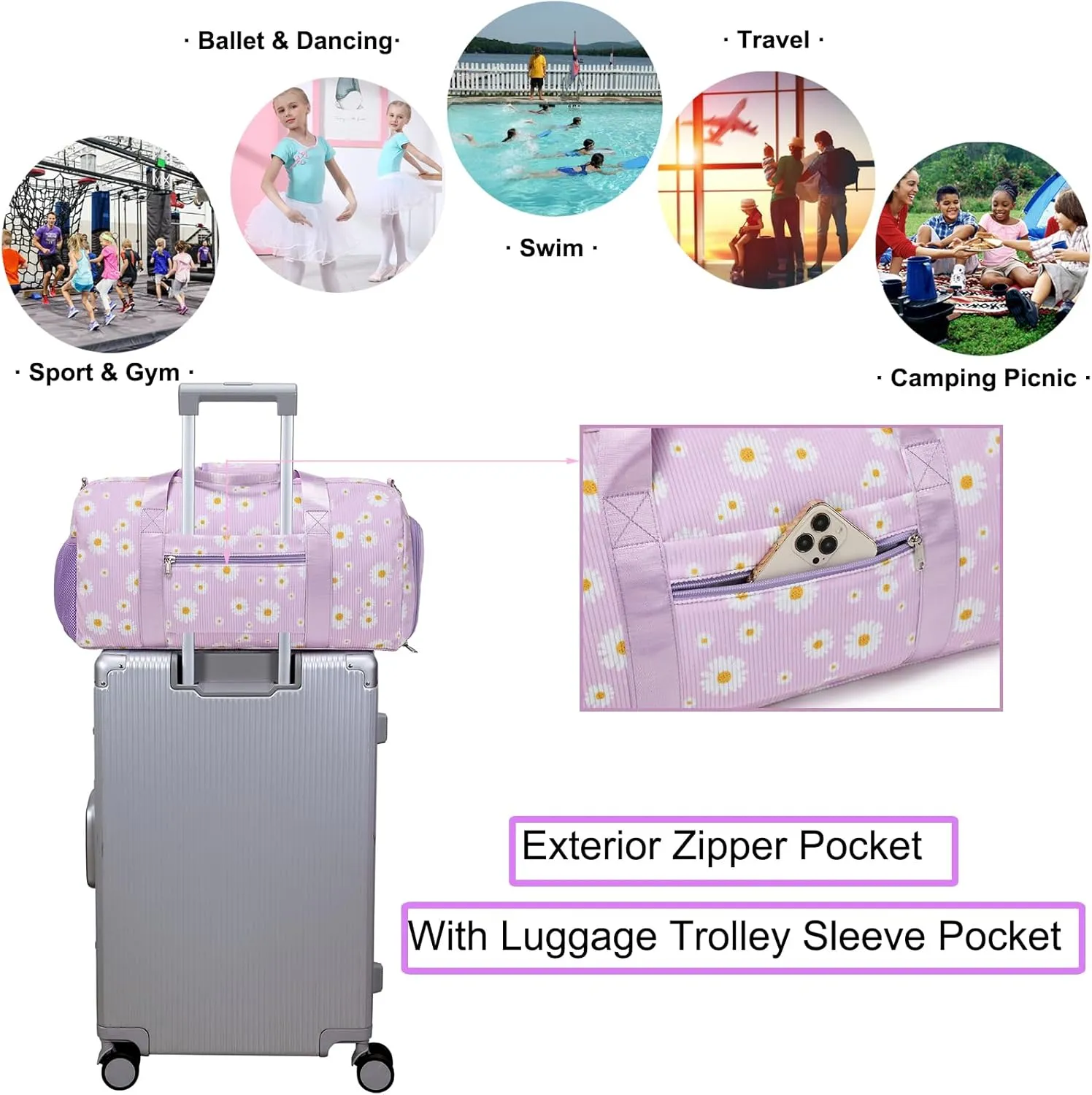 Dance Bag Ballet Bag for Girls Teen Travel Duffel Bags Sports Gym Bag Yoga Bags Cheer Bag Girls Weekender Bag Corduroy Daisy Dance Bag with Shoe Compartments（purple daisy）