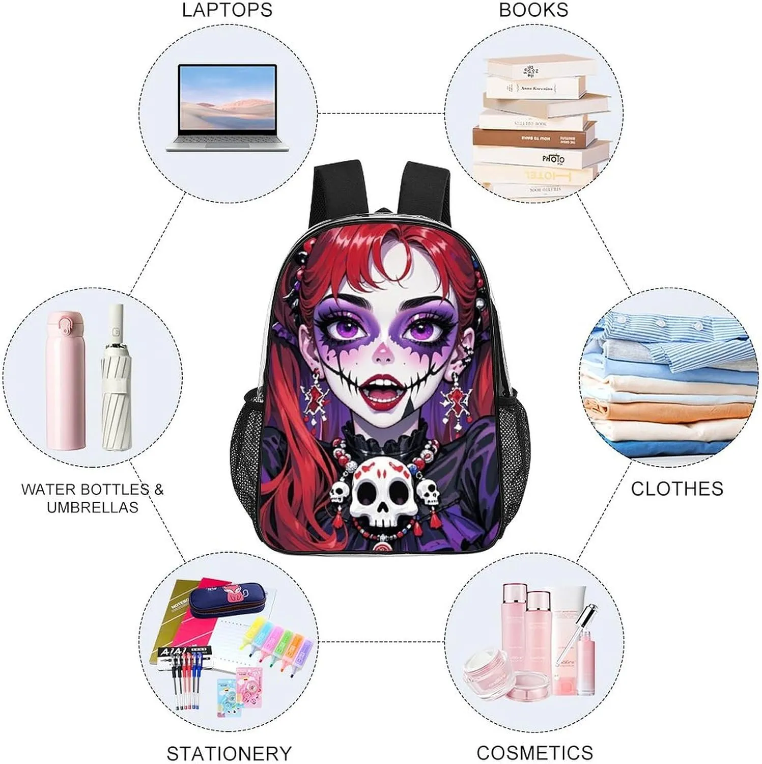 Daypack Anti-Theft Multipurpose Large Capacity Shoulder Bag - Cartoon Women Women Mystical Skull Art Travel Hiking & Camping Rucksack Transparent Bag
