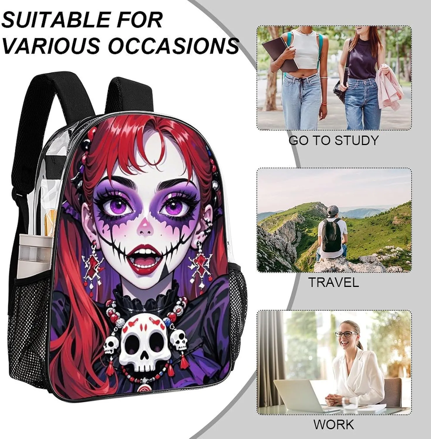 Daypack Anti-Theft Multipurpose Large Capacity Shoulder Bag - Cartoon Women Women Mystical Skull Art Travel Hiking & Camping Rucksack Transparent Bag