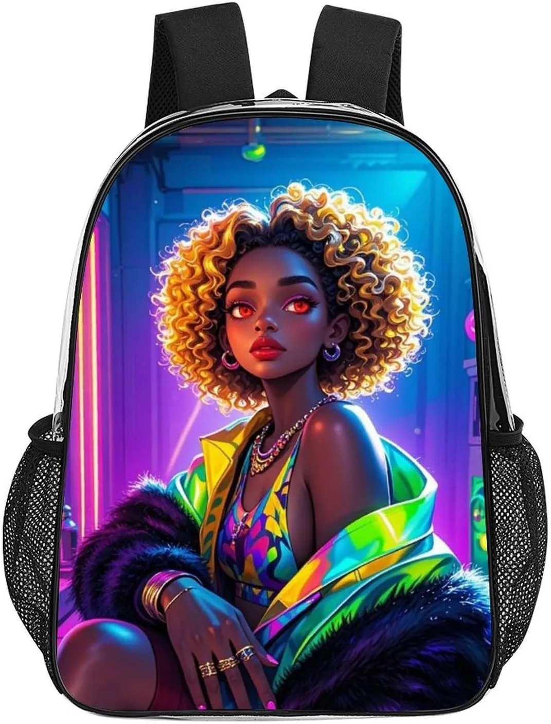 Daypack Anti-Theft Multipurpose Large Capacity Shoulder Bag - Cool African American Woman Bold And Colorful Art Travel Hiking & Camping Rucksack Transparent Bag
