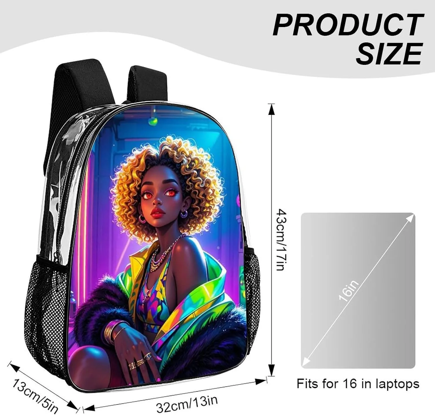 Daypack Anti-Theft Multipurpose Large Capacity Shoulder Bag - Cool African American Woman Bold And Colorful Art Travel Hiking & Camping Rucksack Transparent Bag