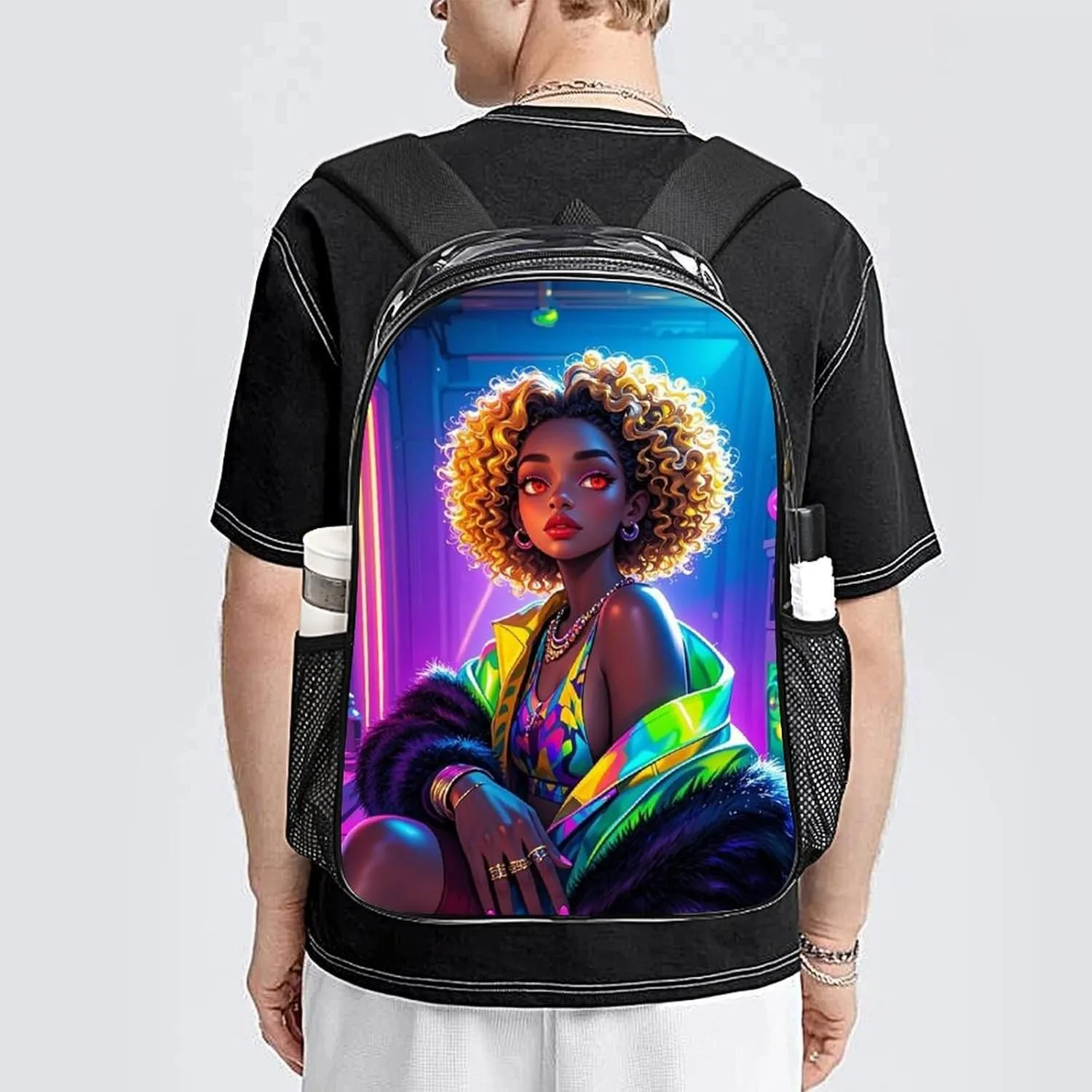 Daypack Anti-Theft Multipurpose Large Capacity Shoulder Bag - Cool African American Woman Bold And Colorful Art Travel Hiking & Camping Rucksack Transparent Bag