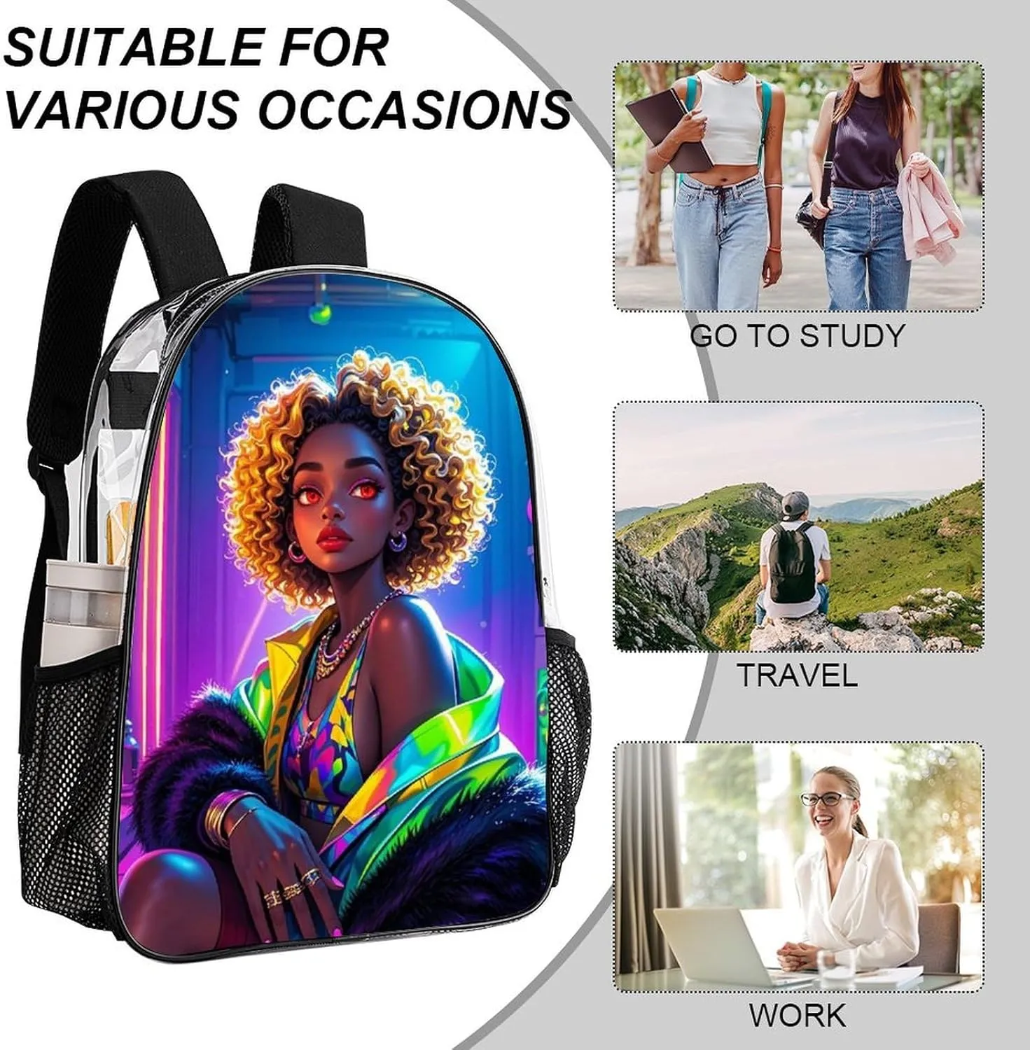Daypack Anti-Theft Multipurpose Large Capacity Shoulder Bag - Cool African American Woman Bold And Colorful Art Travel Hiking & Camping Rucksack Transparent Bag