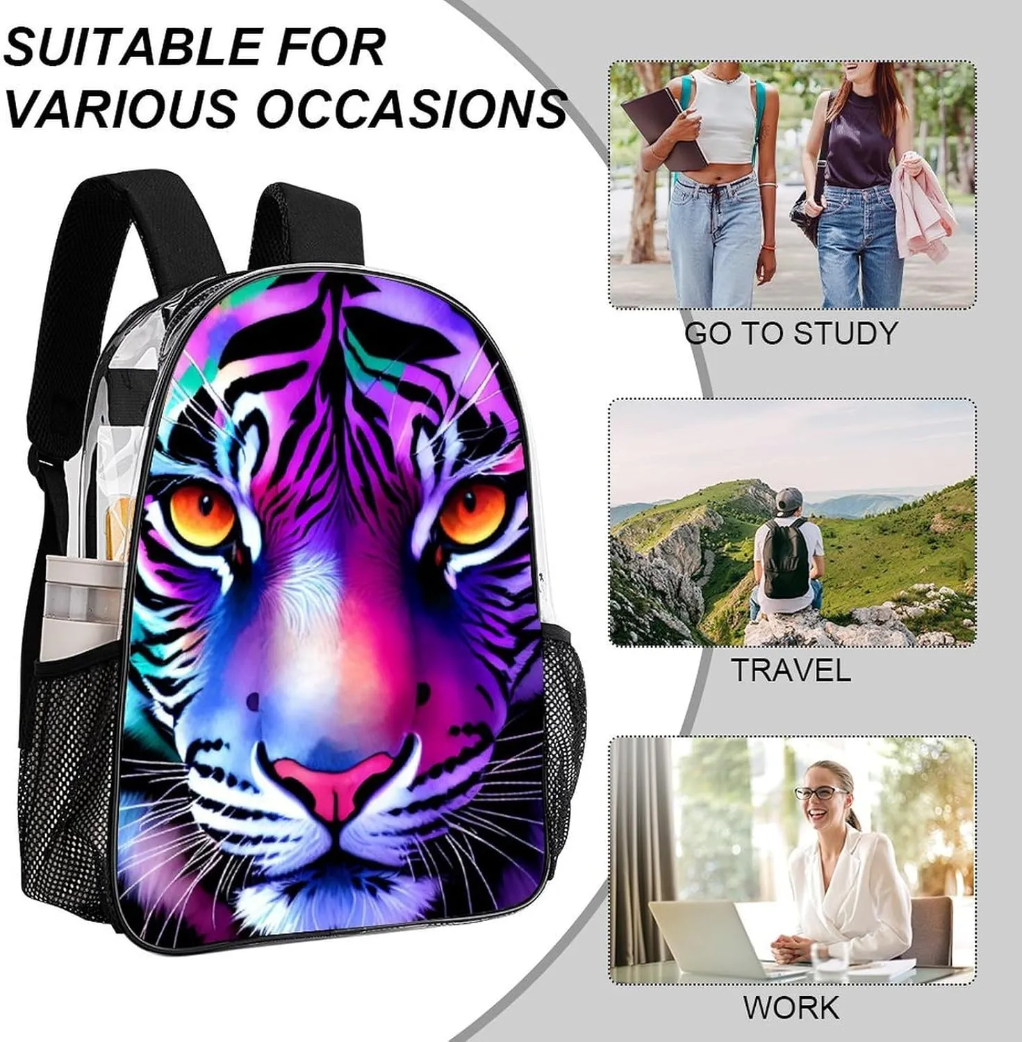 Daypack Bookbag Multipurpose Anti-Theft Big Capacity Carry On Bag - Colorful Abstract King Of The Tiger Watercolor Art Travel Hiking & Camping Rucksack Transparent Bag