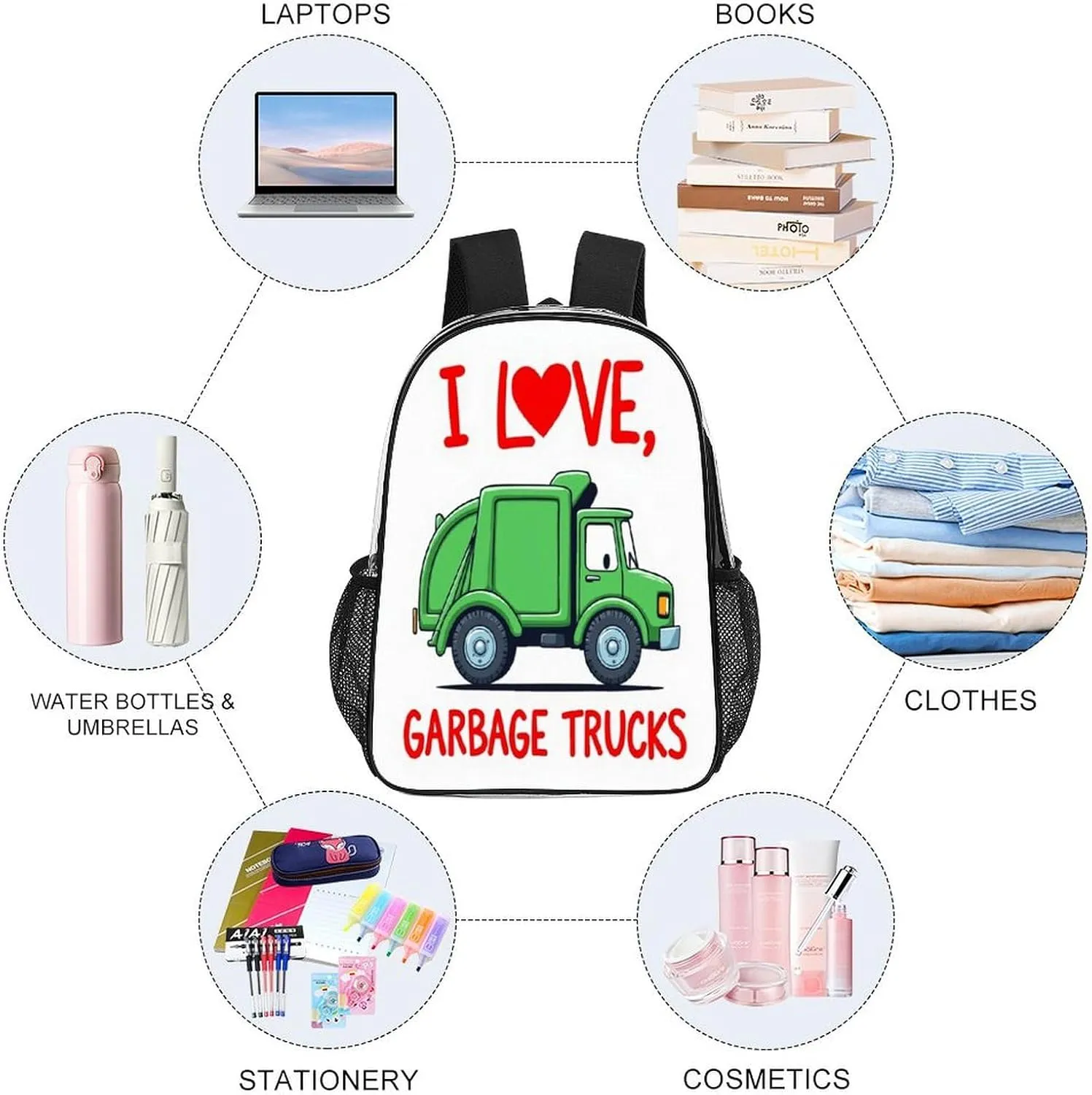 Daypack Bookbag Multipurpose Anti-Theft Big Capacity Carry On Bag - I Love Garbage Trucks Travel Hiking & Camping Rucksack Transparent Bag