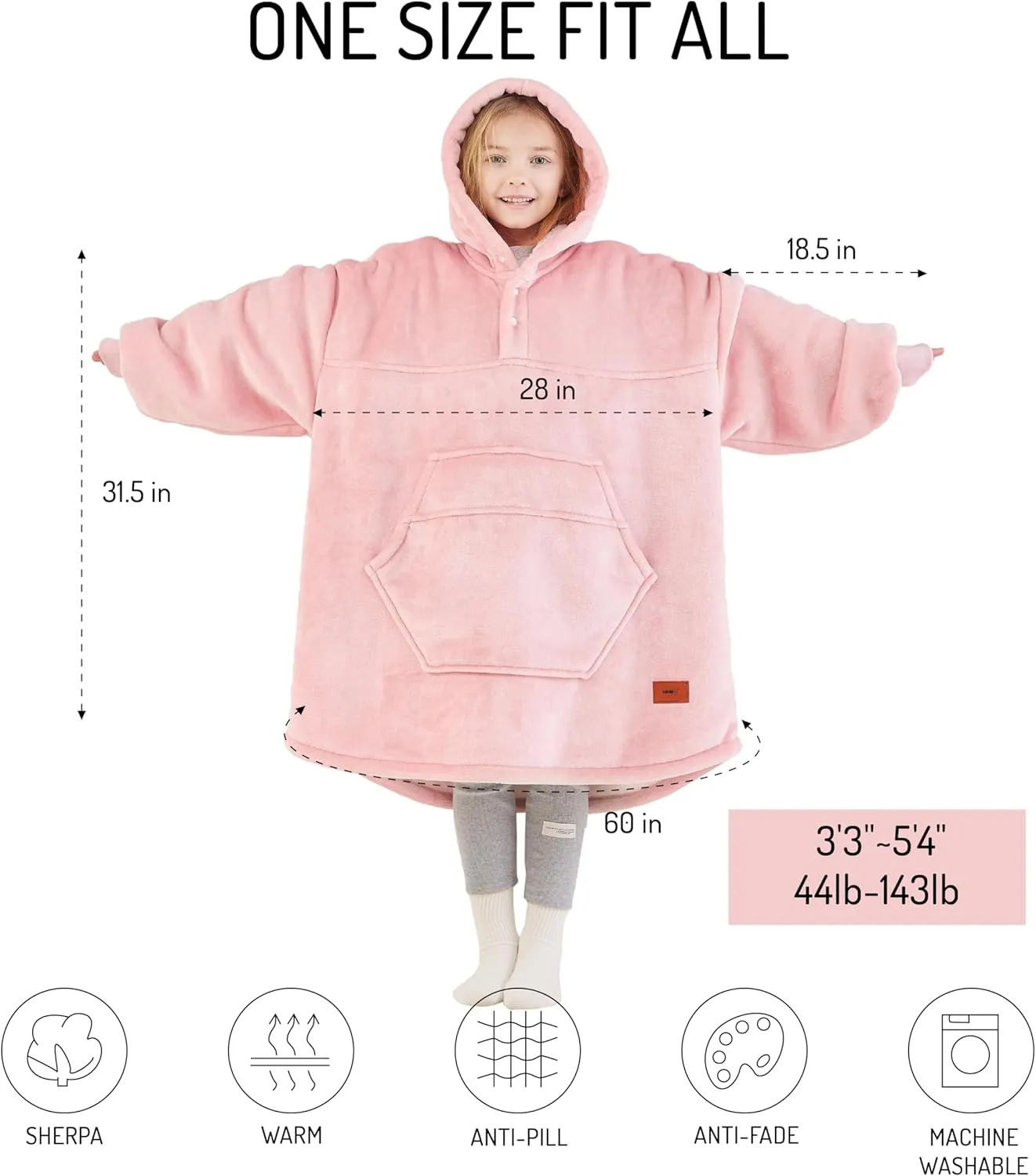 Degrees of Comfort Wearable Blanket Hoodie for Kids Teens, 6-13 YR Girls Boys, Soft & Cozy Sherpa