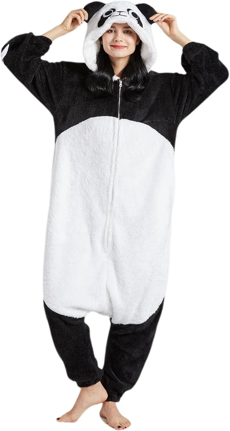 DELEY Unisex Adult Panda Onesie Pajamas, Flannel Animal One Piece Costume Sleepwear Halloween Cosplay Homewear