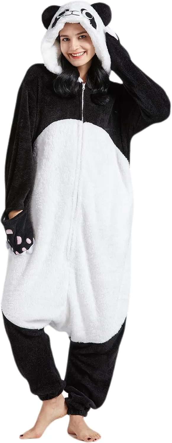 DELEY Unisex Adult Panda Onesie Pajamas, Flannel Animal One Piece Costume Sleepwear Halloween Cosplay Homewear