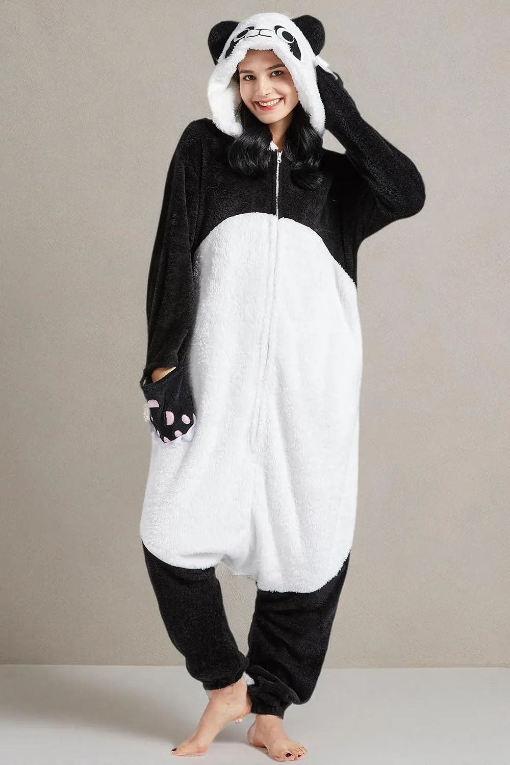 DELEY Unisex Adult Panda Onesie Pajamas, Flannel Animal One Piece Costume Sleepwear Halloween Cosplay Homewear