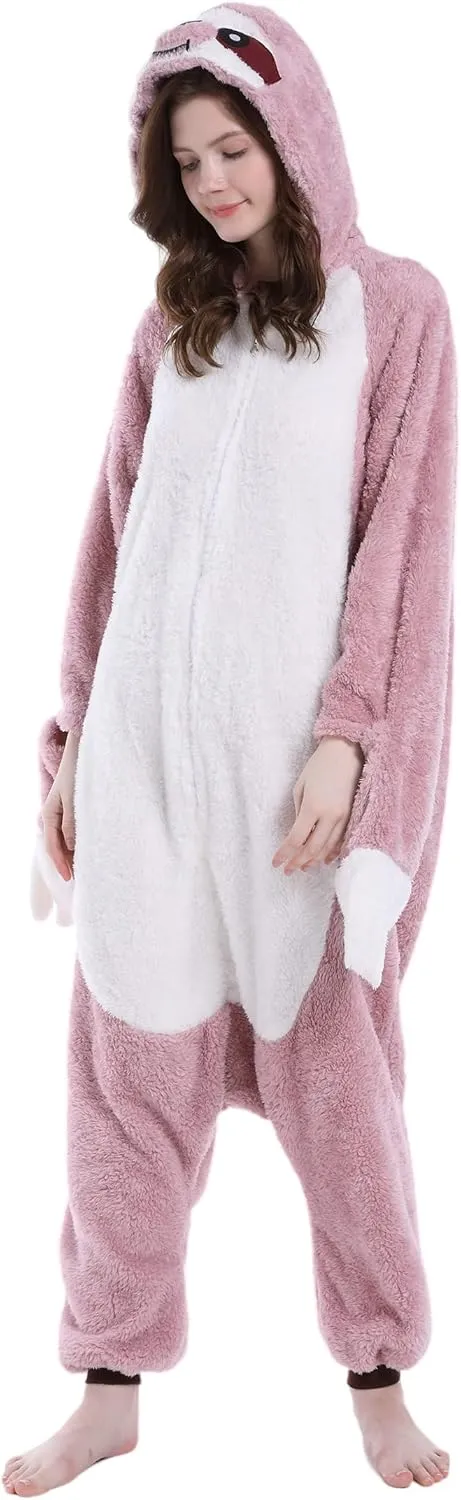 DELEY Unisex One Piece Animal Adult Pink Sloth Onesie, Animal Pajamas Halloween Cosplay Costume for Women and Mens