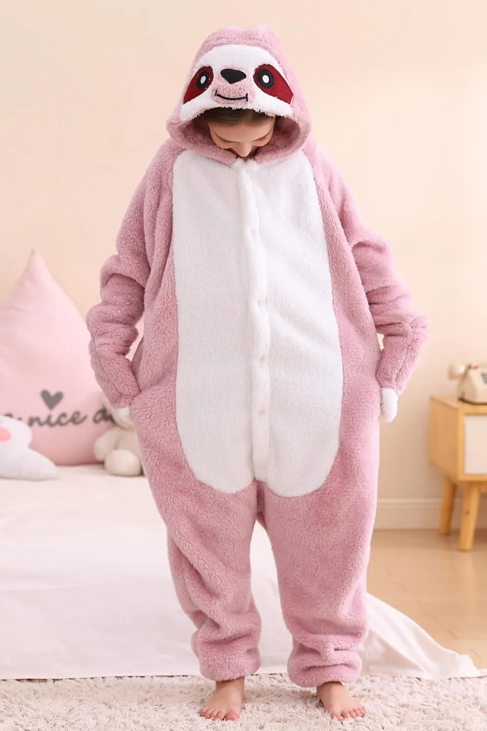 DELEY Unisex One Piece Animal Adult Pink Sloth Onesie, Animal Pajamas Halloween Cosplay Costume for Women and Mens