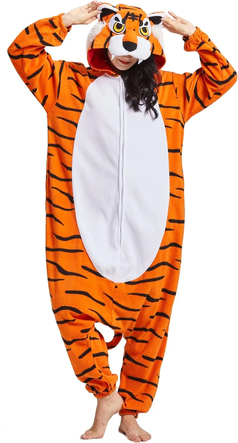DELEY Unisex One Piece Animal Adult Tiger Onesie, Animal Pajamas Halloween Cosplay Costume for Women and Mens Sleepwear