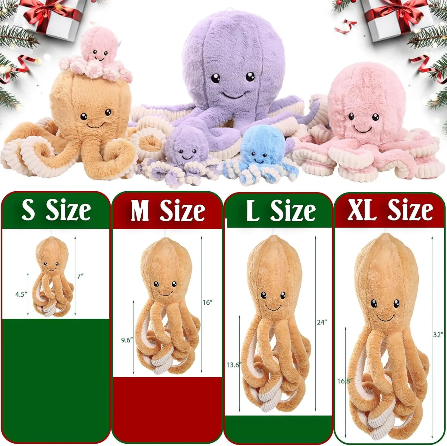DENTRUN Octopus Stuffed Animals, Giant Octopus Plush Doll Play Toys for Kids Girls Boys Adults Birthday Xmas Halloween Present Stuffed Sea Animals Plushie, 7/16/24/32 Inches, 5 Colors