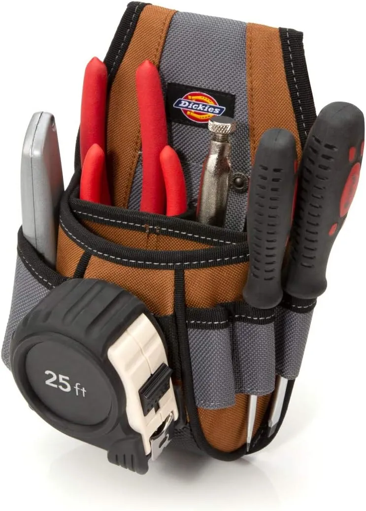 Dickies 4-Pocket Rigid Tool Pouch with Tape Clip, Universal-fit Steel Clip for Tool Belt, Tunnel Loop