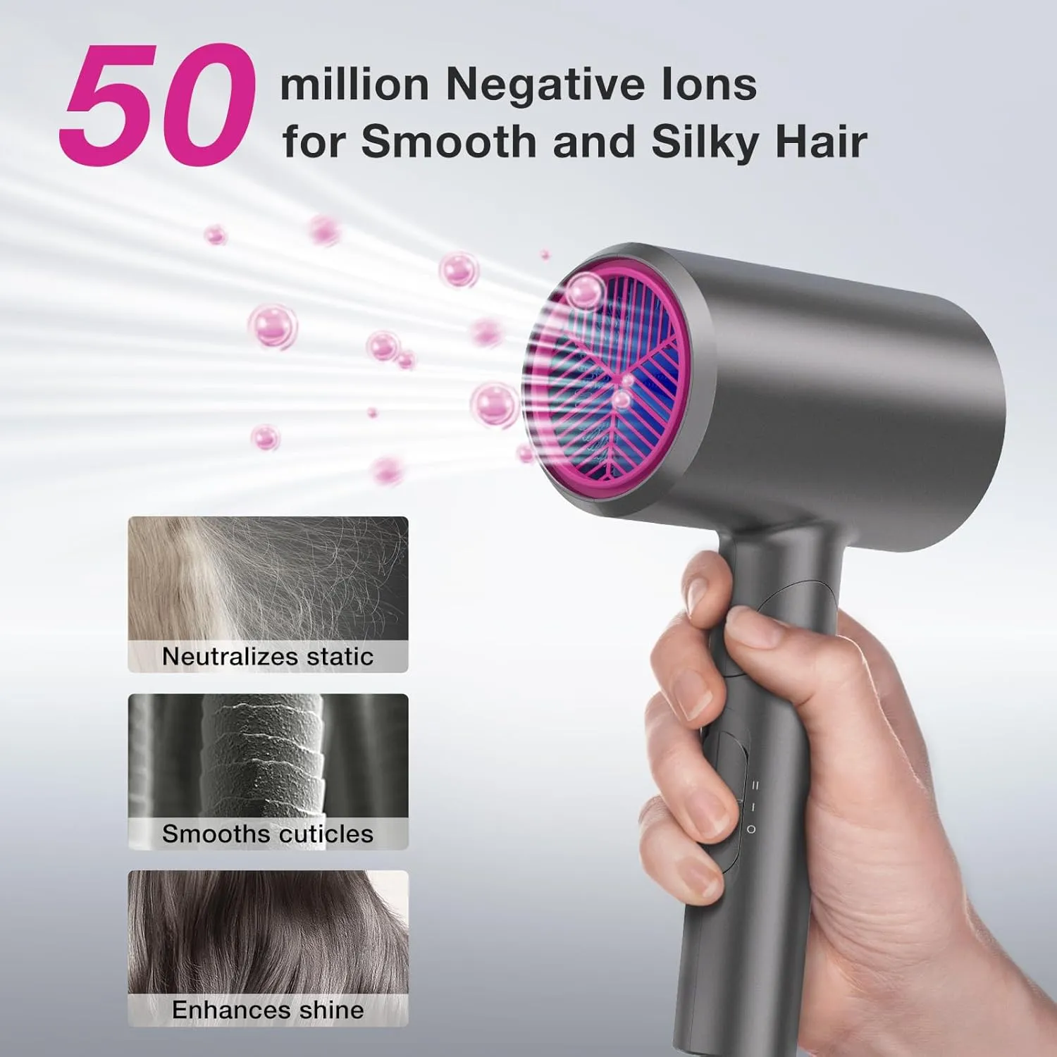 Diffuser Hair Dryer, 1875W Fast Drying, Foldable Travel Design, Turbo Blow Dryer with Diffuser and Concentrator Nozzle, Compact & Powerful Ionic Hairdryer, 3 Temps & 2 Speeds Lightweight, Gray
