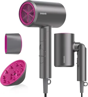 Diffuser Hair Dryer, 1875W Fast Drying, Foldable Travel Design, Turbo Blow Dryer with Diffuser and Concentrator Nozzle, Compact & Powerful Ionic Hairdryer, 3 Temps & 2 Speeds Lightweight, Gray