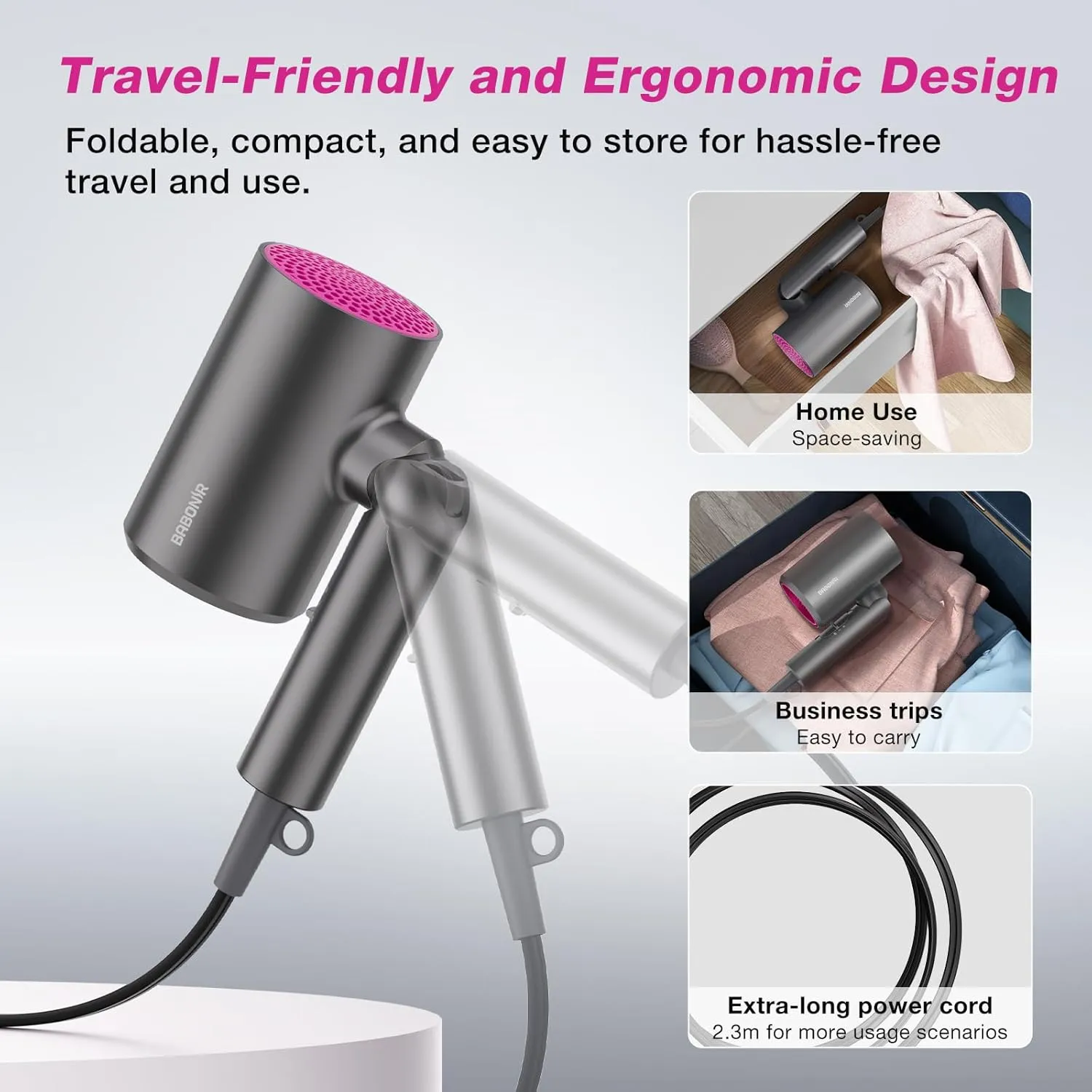 Diffuser Hair Dryer, 1875W Fast Drying, Foldable Travel Design, Turbo Blow Dryer with Diffuser and Concentrator Nozzle, Compact & Powerful Ionic Hairdryer, 3 Temps & 2 Speeds Lightweight, Gray