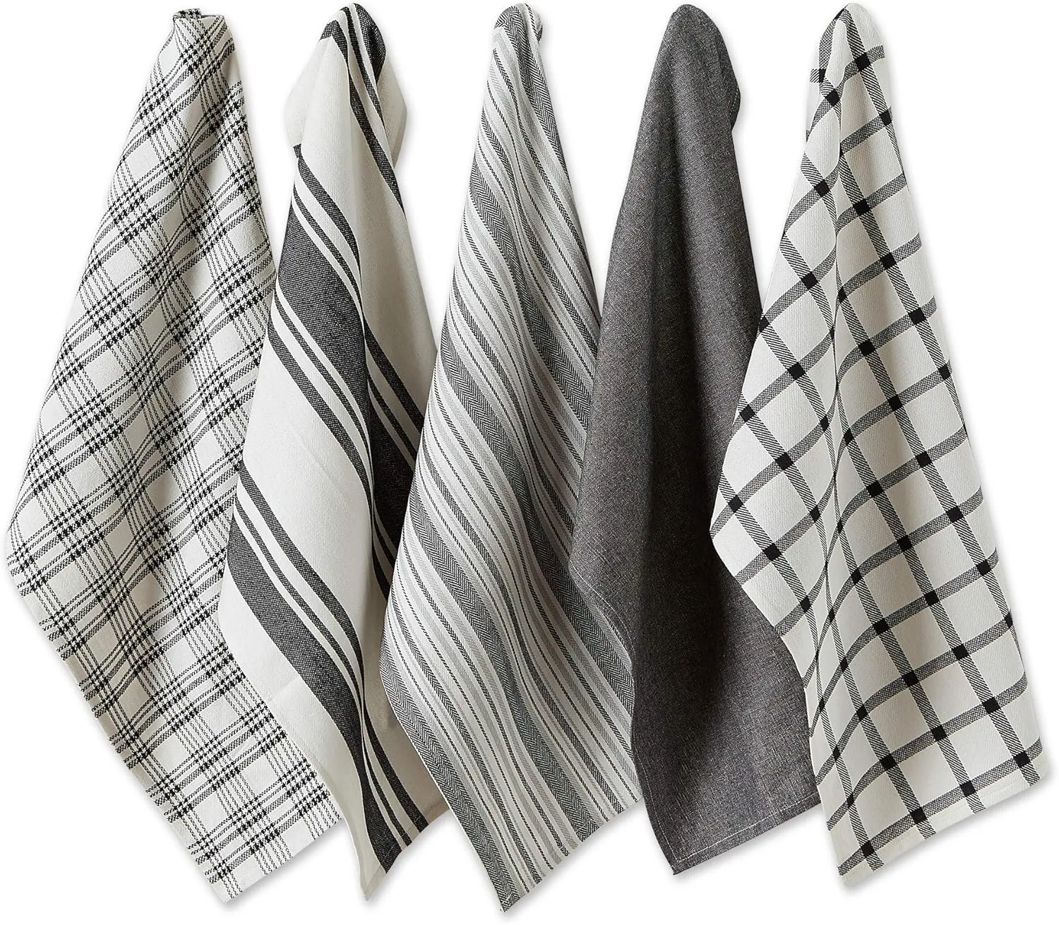 DII Assorted Woven, Kitchen Dishtowel Set, 18x28, Black, 5 Piece