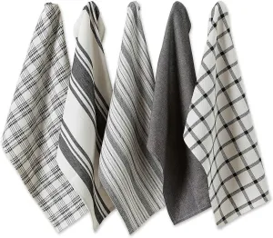 DII Assorted Woven, Kitchen Dishtowel Set, 18x28, Black, 5 Piece