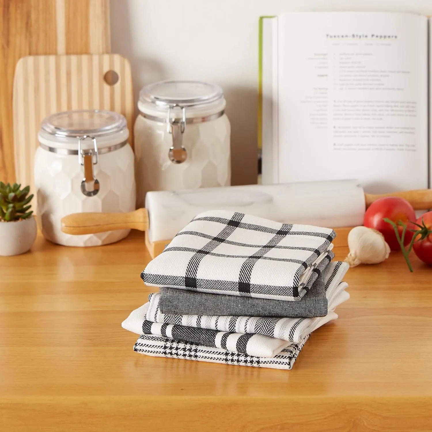 DII Assorted Woven, Kitchen Dishtowel Set, 18x28, Black, 5 Piece
