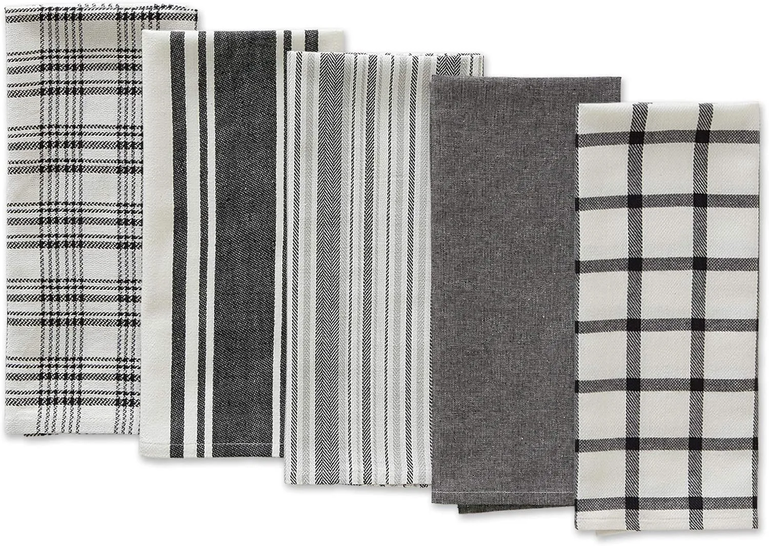 DII Assorted Woven, Kitchen Dishtowel Set, 18x28, Black, 5 Piece