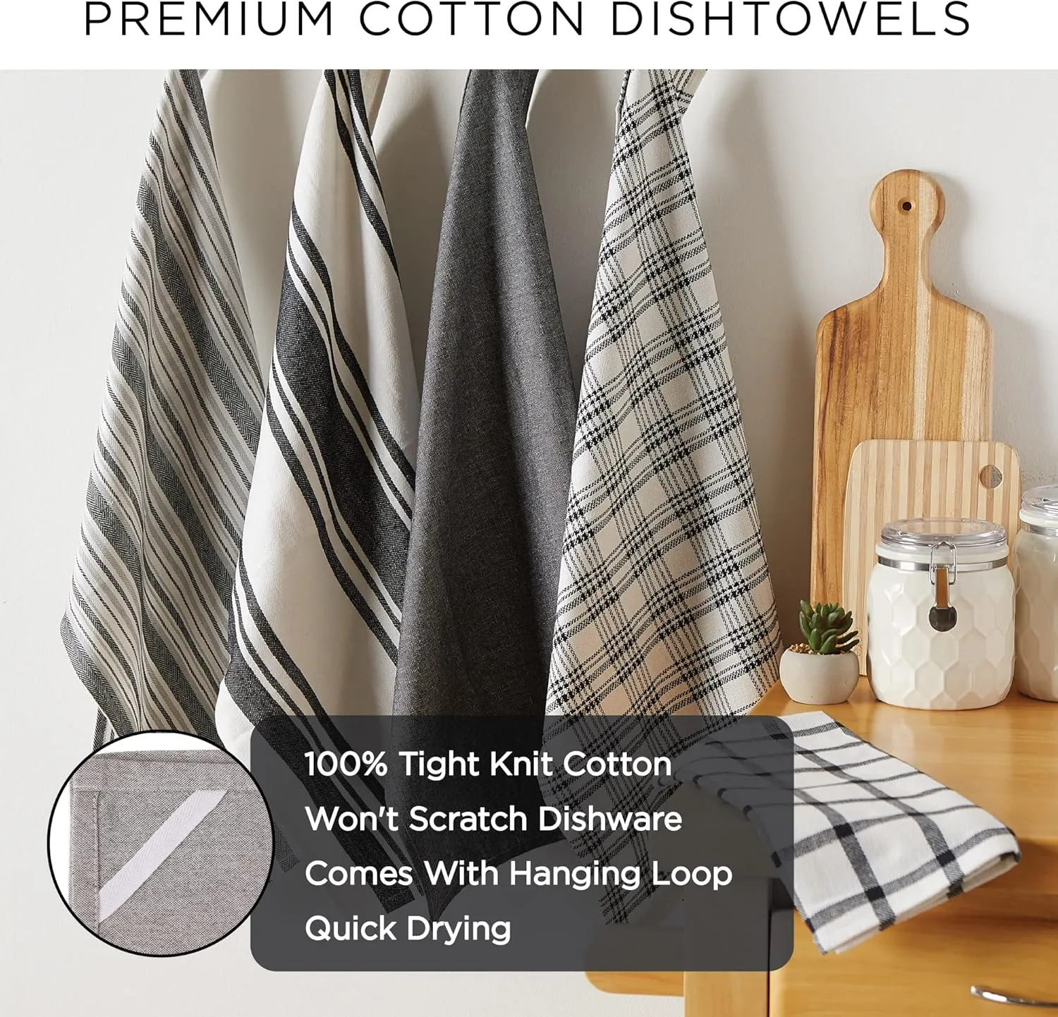DII Assorted Woven, Kitchen Dishtowel Set, 18x28, Black, 5 Piece