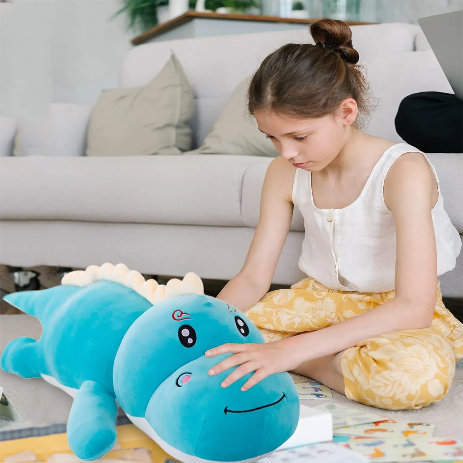 Dinosaur Plush Toy Pillow,Cute Dinosaur Stuffed Animals Doll,Soft Lumbar Back Cushion Big Dinosaur Plushies Stuffed Toy Cute Pillows,Great Gift for Kids Birthday,Valentine (Blue,31.4in)