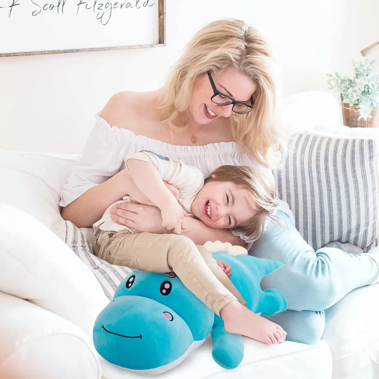 Dinosaur Plush Toy Pillow,Cute Dinosaur Stuffed Animals Doll,Soft Lumbar Back Cushion Big Dinosaur Plushies Stuffed Toy Cute Pillows,Great Gift for Kids Birthday,Valentine (Blue,31.4in)