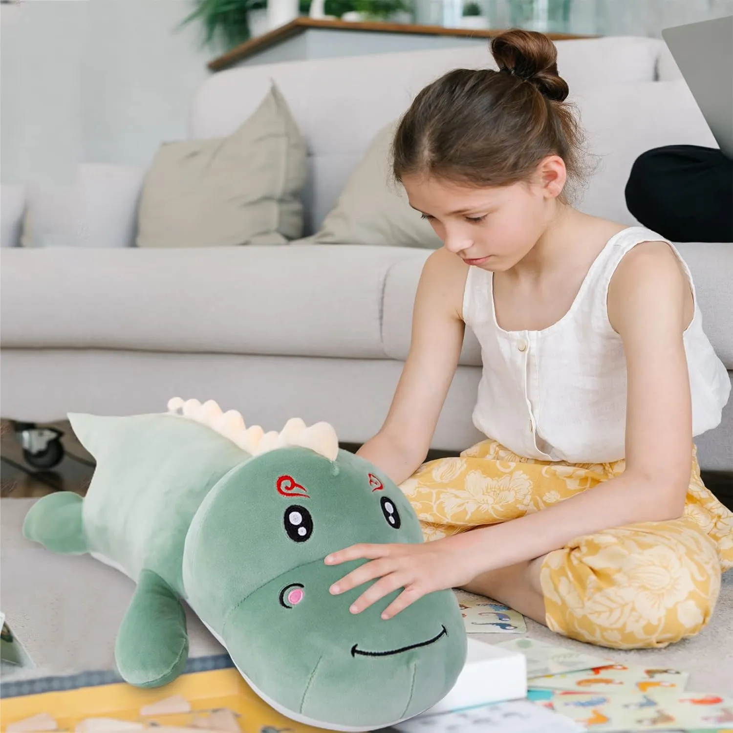 Dinosaur Plush Toy Pillow,Cute Dinosaur Stuffed Animals Doll,Soft Lumbar Back Cushion Big Stuffed Toy Cute Pillows,Great Gift for Kids Birthday,Valentine (Green,31.4in)