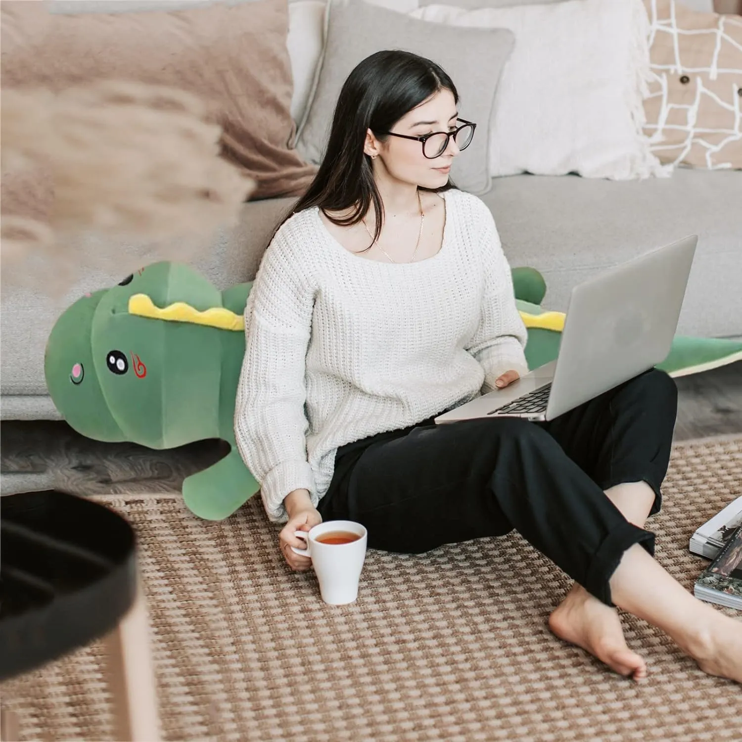 Dinosaur Plush Toy Pillow,Cute Dinosaur Stuffed Animals Doll,Soft Lumbar Back Cushion Big Stuffed Toy Cute Pillows,Great Gift for Kids Birthday,Valentine (Green,31.4in)