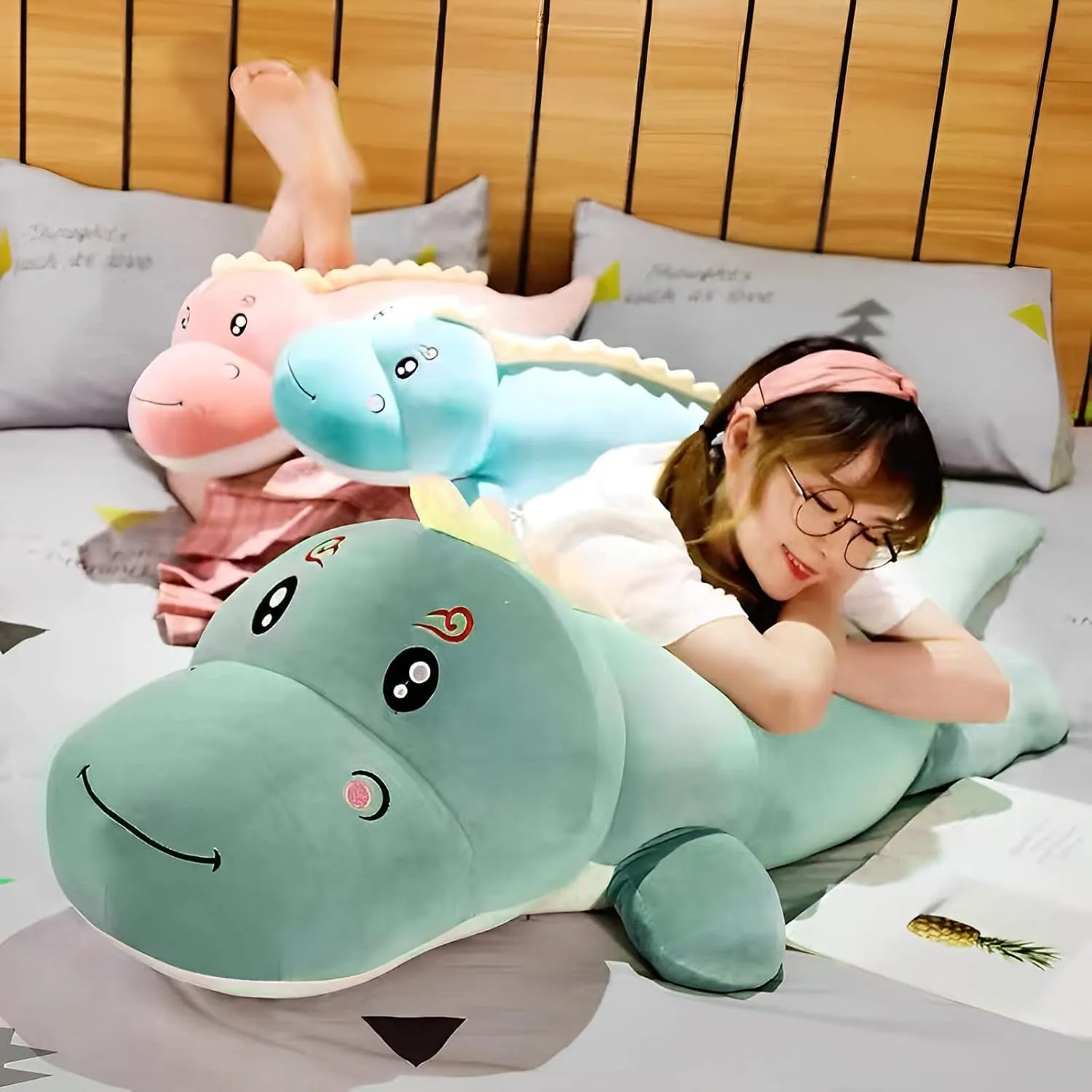 Dinosaur Plush Toy Pillow,Cute Dinosaur Stuffed Animals Doll,Soft Lumbar Back Cushion Big Stuffed Toy Cute Pillows,Great Gift for Kids Birthday,Valentine (Green,31.4in)