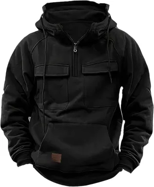 DOLKFU Men's Tactical Hoodies Quarter Zip Cargo Hooded Pullover Vintage Active Loose Long Sleeve Casual Sweatshirts