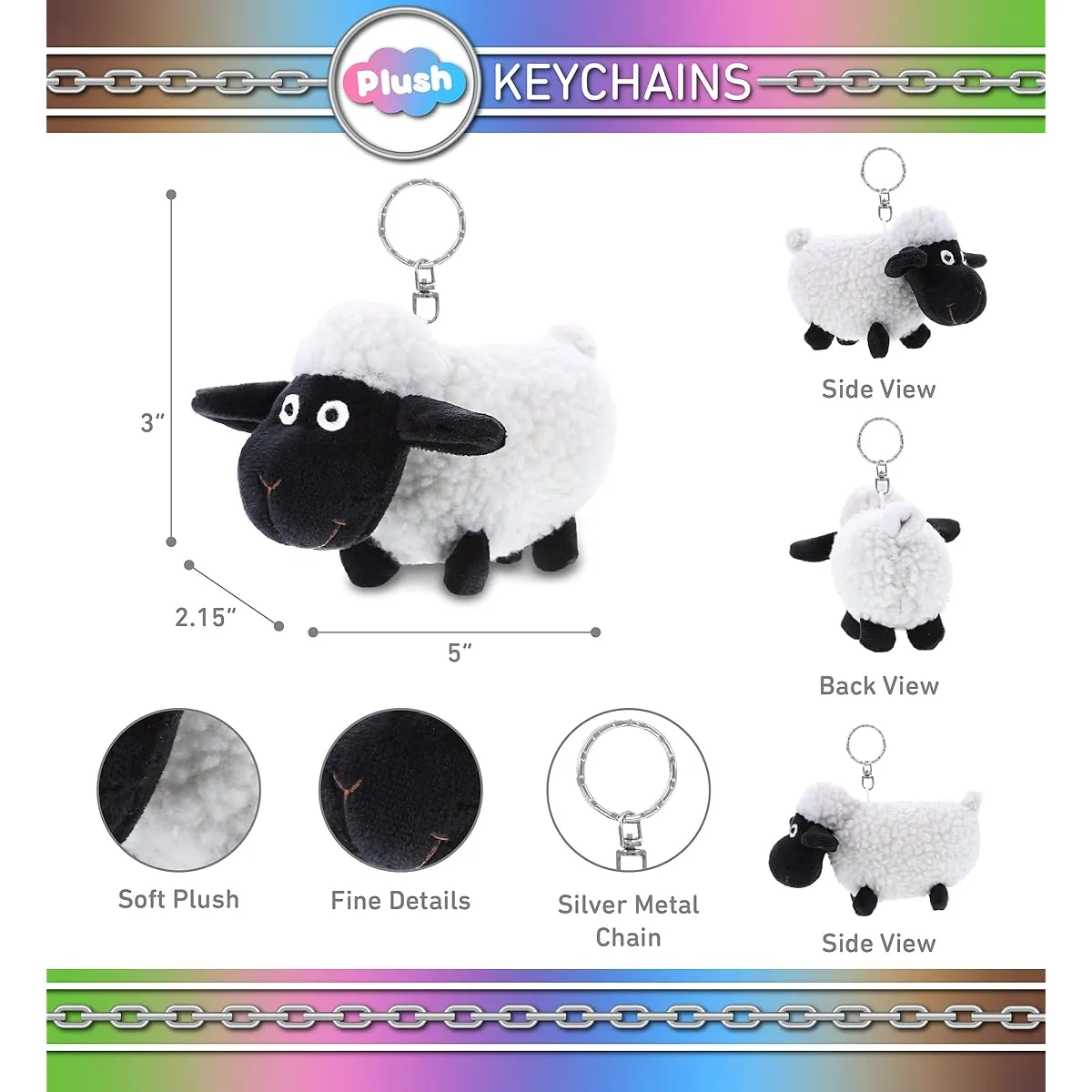DolliBu Black Nose Sheep Plush Keychain - Soft Plush Farm Animal Sheep Charm Keyring Cute Decor Stuffed Animal Accessory Fun Buddy - 5", Black, 5"