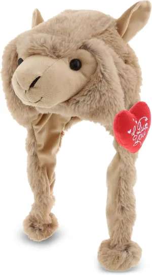 DolliBu I Love You Valentine Plush Brown Llama Hat - Cute Soft Cuddly Stuffed Animal with Red Heart Gift for Valentines Day, Birthday Present, Anniversary, Romantic Date - 16.5 Inches