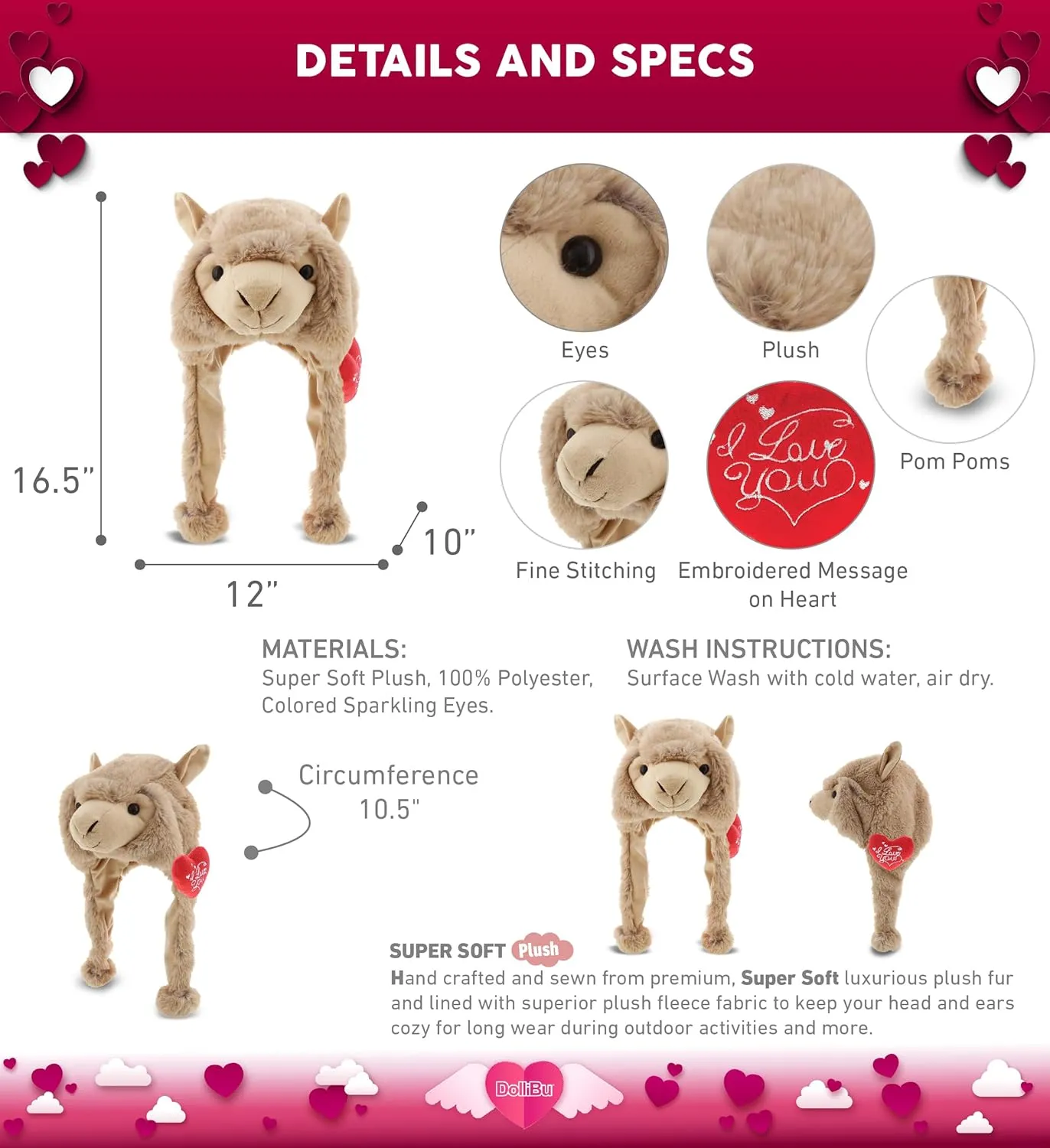 DolliBu I Love You Valentine Plush Brown Llama Hat - Cute Soft Cuddly Stuffed Animal with Red Heart Gift for Valentines Day, Birthday Present, Anniversary, Romantic Date - 16.5 Inches