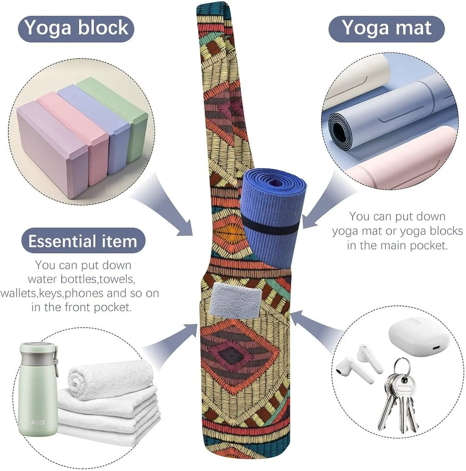 Donnapink Yoga Mat Bag, Canvas Storage Bag with Pocket Shoulder Strap, Fashion Mat Bag