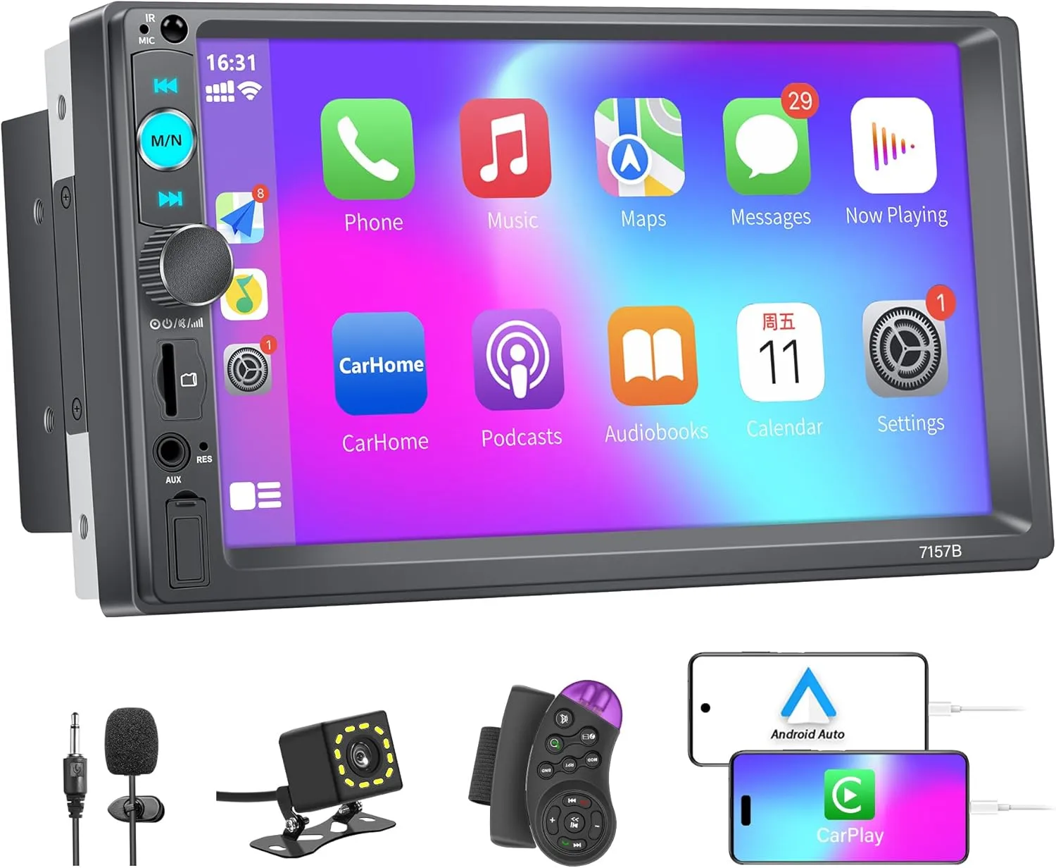 Double Din Car Stereo with Carplay & Android Auto,7" HD Touch Screen Car Radio Stereo with Bluetooth, Double Din Car Play Radio with Backup Camera, Mirror Link,FM/USB/TF/AUX