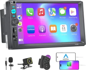 Double Din Car Stereo with Carplay & Android Auto,7" HD Touch Screen Car Radio Stereo with Bluetooth, Double Din Car Play Radio with Backup Camera, Mirror Link,FM/USB/TF/AUX