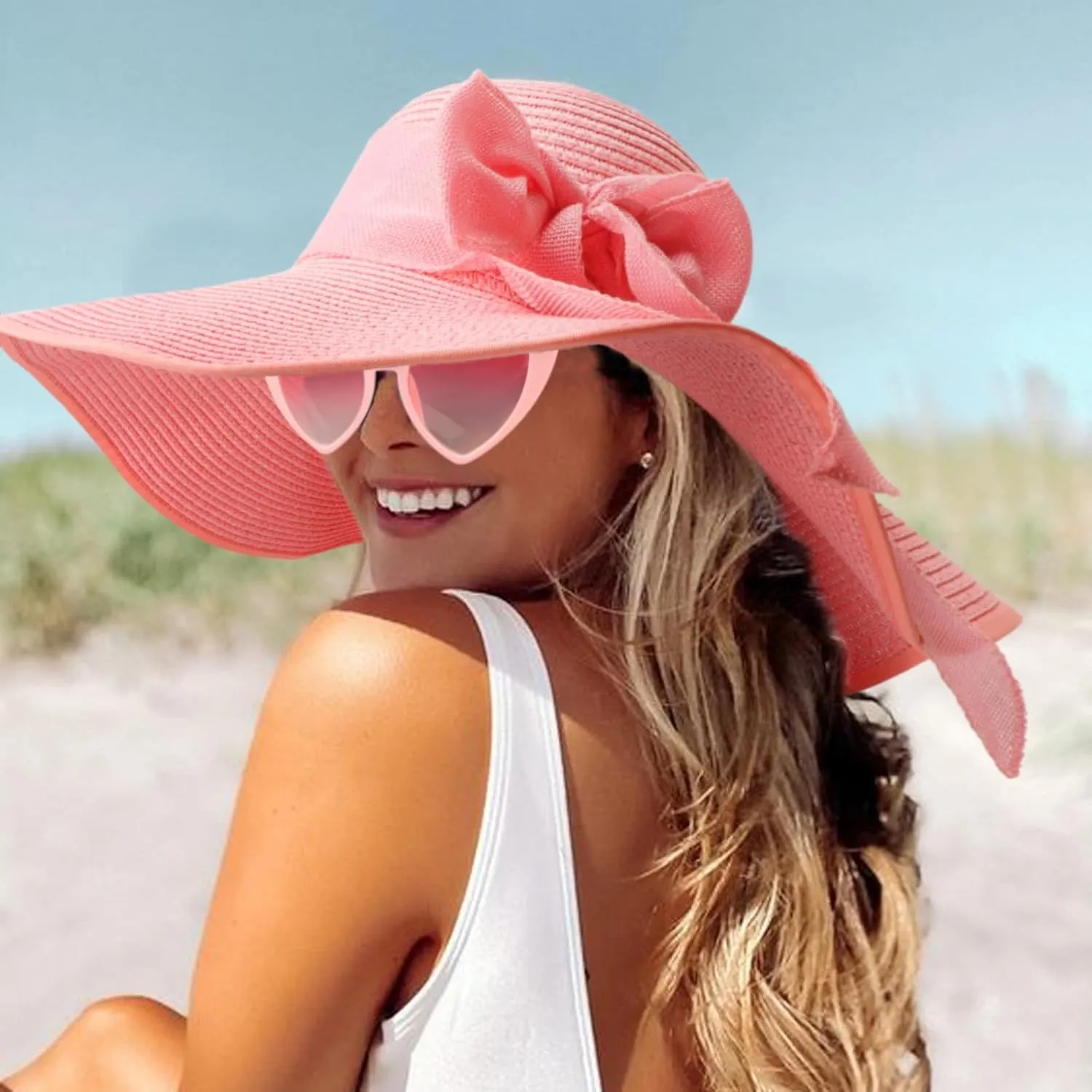 DRESHOW Beach Hats for Women Big Straw Wide Brim Summer Hat Floppy Foldable Roll up Cap Sun Hat UPF 50 