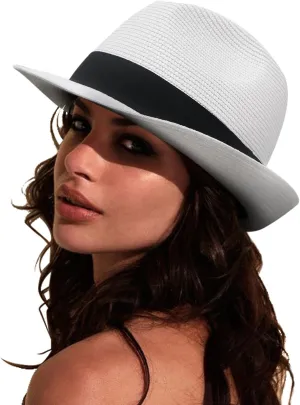 DRESHOW Women Straw Panama Hat Travel Fedora Beach Sun Hat Summer Wide Brim Straw Roll up Hat UPF 50 