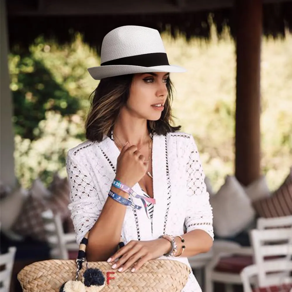 DRESHOW Women Straw Panama Hat Travel Fedora Beach Sun Hat Summer Wide Brim Straw Roll up Hat UPF 50 