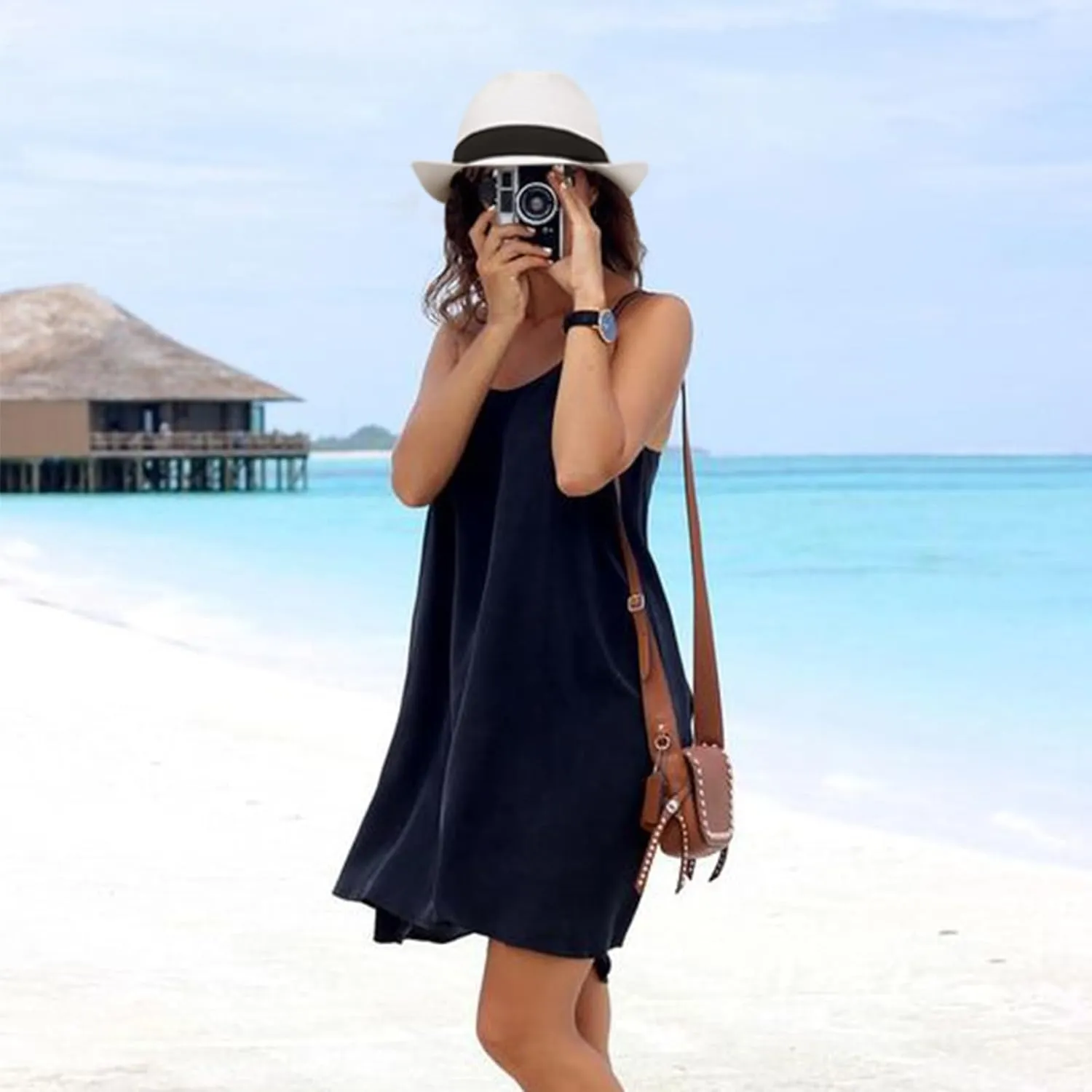 DRESHOW Women Straw Panama Hat Travel Fedora Beach Sun Hat Summer Wide Brim Straw Roll up Hat UPF 50 