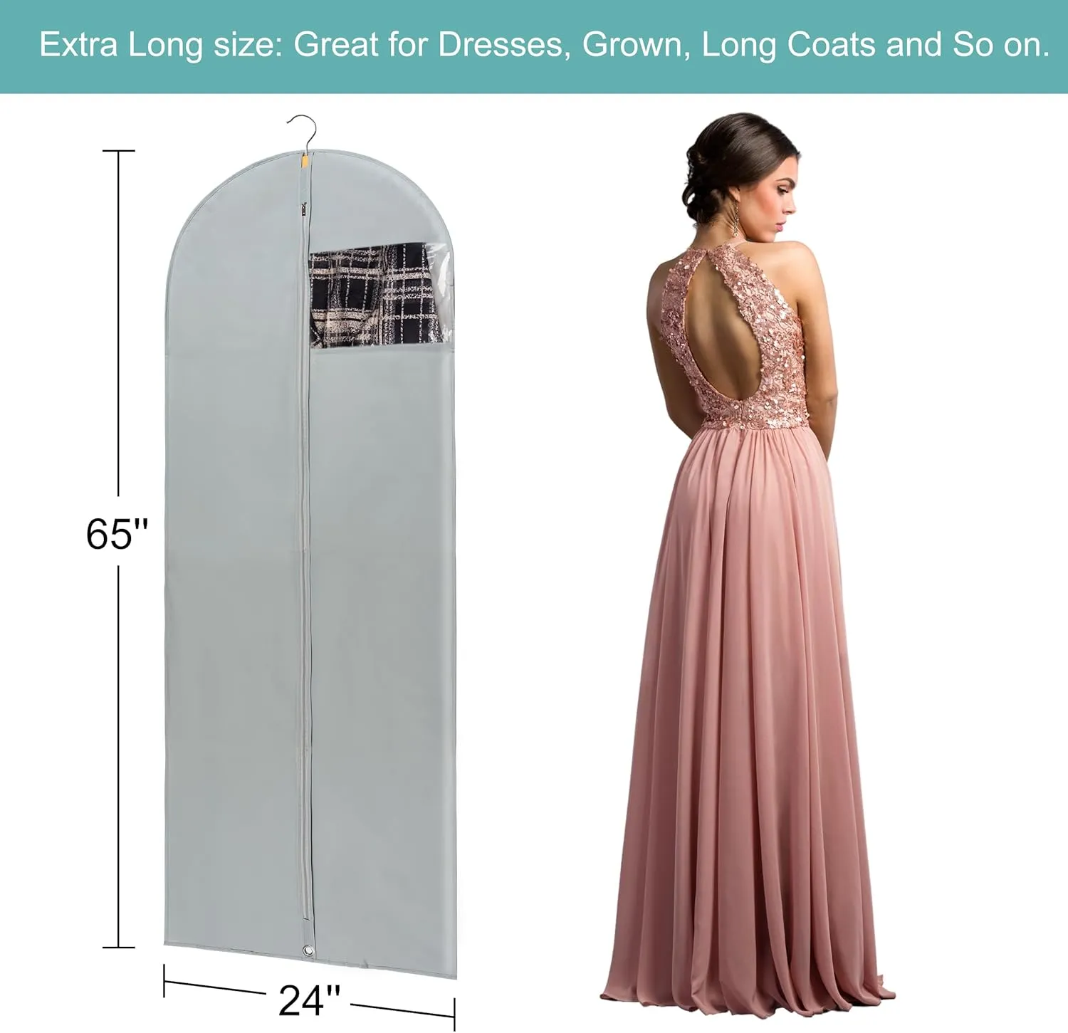 Dress Bags for Gowns Long, 4 Pack-65" Long Dress Bags Foldable Long Garment Bag with Clear Window for Storage and Travel-24"x65"/4 Pack